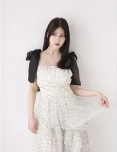 NICE CLAUP ホワイトドット 肩リボン キャミワンピース