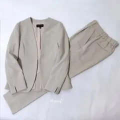 美品 INDIVI 洗える リバー 二重織 ノーカラー ジャケット セットアップ