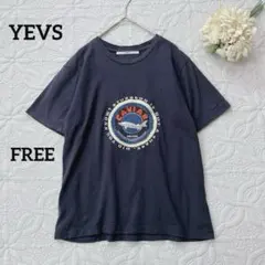 イーブス　キャビア刺繍Tシャツ　半袖　ネイビー　コットン　古着　カジュアル　春夏のサムネイル