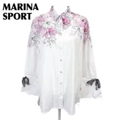【美品】MARINA SPORT ブラウスシャツ 袖リボン 15 白ピンク 花柄のサムネイル