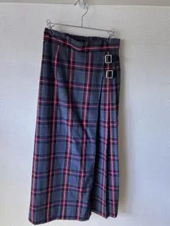 チェック柄 ロングスカート M サイドベルト付き 秋冬 巻きスカート風