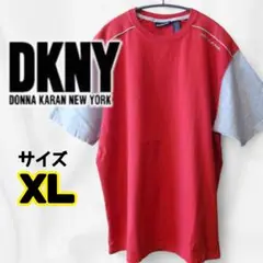 【DKNY】Tシャツ 刺繍ロゴ XL レッド×グレー ビッグシルエット メンズ