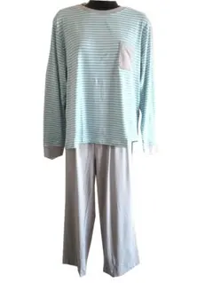 レディース パジャマ 部屋着 ストレッチ ロング パジャマ（M）ブルーｘグレー