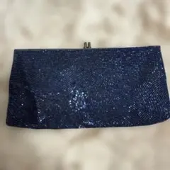 ネイビー ビーズクラッチバッグ パーティー用 内ポケット付き