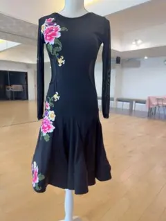 新品 社交ダンスドレス 幾何学模様 ブラック シースルー ワンピース