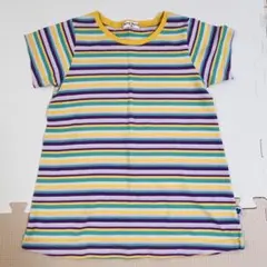 女の子カラフルボーダー 半袖AラインTシャツ 120cm ワンピース風 イエローのサムネイル