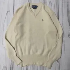 POLO Ralph Laurenラムウール Vネックニット アイボリー刺繍ロゴ