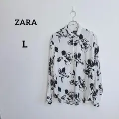 ザラ 長袖シャツ L フラワープリント 総柄 コットン とろみ