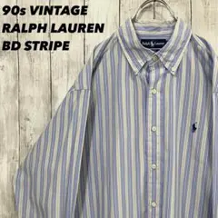 90sヴィンテージ古着　ラルフローレン長袖マルチカラーストライプ刺繍BDシャツL