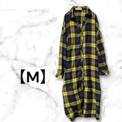 チェック柄シャツ ネルシャツ ロング丈 シャツワンピース 体型カバー　古着　M