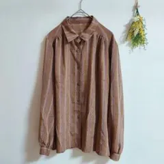 レディース 昭和レトロ ブラウン 茶色 ストライプ長袖シャツ ブラウス