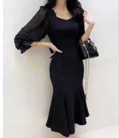 シースルー袖 ブラック パーティードレス
