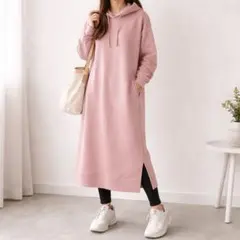 ユニクロ【S】スウェットフーデッドロングワンピース パーカー フード付き ピンク