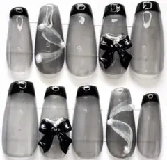 シアーブラック フレンチ リボン パール 韓国 量産 大人可愛い ネイルチップ