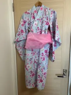 【美品】motherways ★ girls 浴衣　帯付　水色　お花　金魚