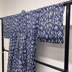 浴衣 白色 紺色 菊 レトロ アンティーク 花柄 絞り リップル 注染