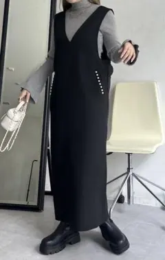 バックリボンポケットパールジャンスカ/ブラック/美品