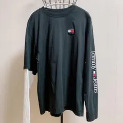 TOMMY JEANS ロンT 黒 袖ロゴ 重ね着風 S オーバーサイズ
