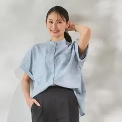 ORIHICA オリヒカ 半袖ブラウス ライトブルー バンドカラー オフィス Sのサムネイル