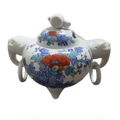 【最高級/極美品】鍋島焼 市川冬山 色鍋島 牡丹文 遊環香炉 三足香炉 伊万里