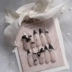 ネイルチップ　ワンホン　スナ系　マグネット　フレンチガーリー　リボン　春