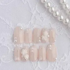 清楚ガーリー♡ピンク×パール×ホワイトローズ　ウェディング　ネイルチップ　現品