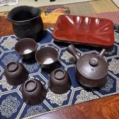 陶器製茶道具セット 花模様 5個の茶碗と急須菓子器