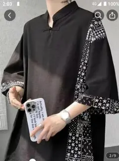 中国風なおしゃれな黒のＴシャツ　五分袖