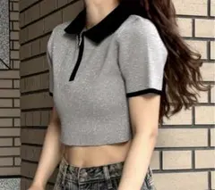 リブ編みポロシャツ 半袖 キラキラグレー　ラメ