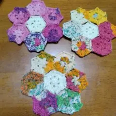 ✿ハンドメイド 六角形コースター 3枚セット✿オパール毛糸おばあさんの花園B