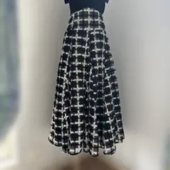 ダズリンフリンジ加工 ブラックホワイト チェック フレアスカート