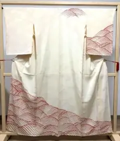 A5 単衣 波模様 金彩 クリーム色 正絹 訪問着 着物 K42