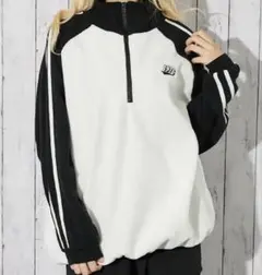 《配色ライン×ハーフジップ》レディース　フリースプルオーバー　ブラック