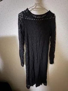 黒 レース 長袖 ワンピース 膝丈
