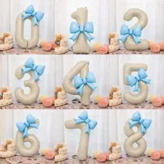 クリームナンバー1ブルーリボンバルーンお誕生日バースデーお祝い飾2457890青のサムネイル