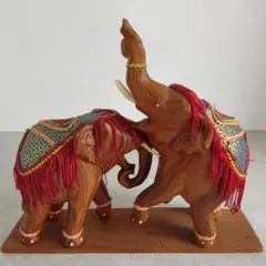 タイ木彫り 象 オブジェ アンティーク調 装飾布 天然木