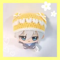 ちびぐるみ ぬい服 ぷっくりハート 猫耳ニット帽 黄色×白 編み物