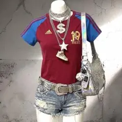 【美品】希少モデル❤︎adidasリンガーTシャツ　ピチT バーガンディ　ボルドーのサムネイル