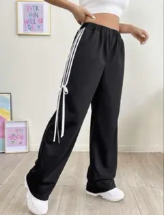 【SHEIN】 サイドライン ワイドパンツ ブラック