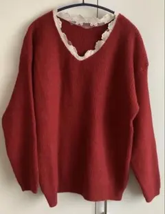 Vネックニット 長袖 レーストリム