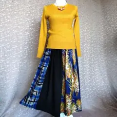 黒と紺系　正絹着物と新品洋服地のコラボ　フリーサイズパッチワークギャザースカート