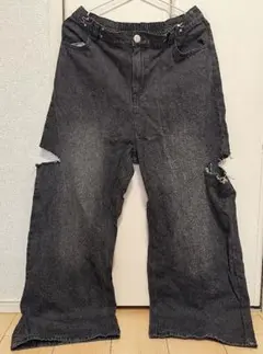 ダークグレー スリットデニム ダメージ ハイウエスト メンズ レディース