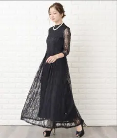 Lace Ladies ハイネック七分袖総レースフォーマルロングワンピース