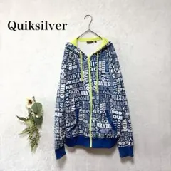 Quiksilver　ジップパーカー　フード付　サーフ　総柄　ロゴ　L　青系