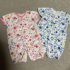 ロンパース 2点セット　ネコ　花　ブルー　ピンク　古着　送料無料　匿名配送