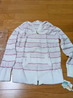 フード付きルームウェア ホワイトピンク　ジェラートピケ