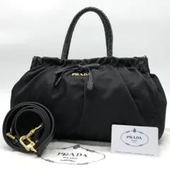 ✨美品✨プラダ ハンドバッグ 2way メタルロゴ リボン ギャザー ナイロン
