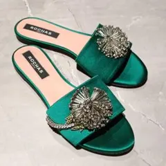 ROCHAS ビジュー サテン ミュール グリーン 38のサムネイル