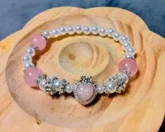 天然石 ローズクォーツ ハートチャーム 付のシェルブレスレット