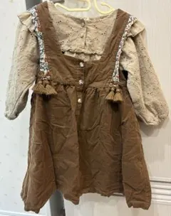 トップス　花柄　長袖　ブラウス　ブラウン　茶色 スカート　サロペット